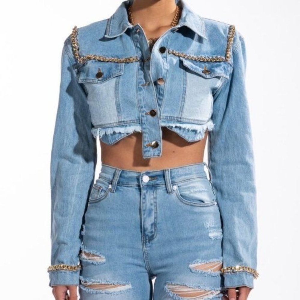 Survivor's Gold: Chain Hem Crop Denim Jacket - Picture 7 of 17